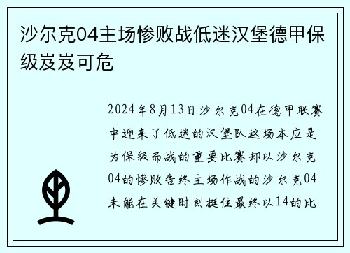 沙尔克04主场惨败战低迷汉堡德甲保级岌岌可危